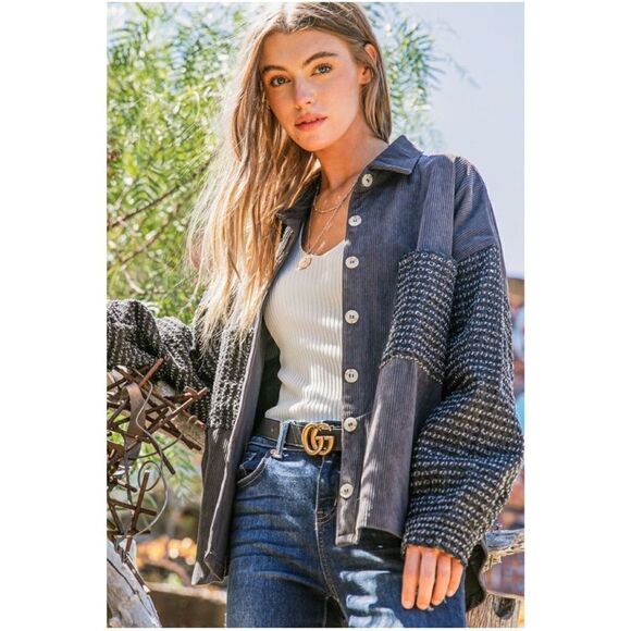 Cozy Corduroy Pockets Button Down Denim Jacket Shacket - Picture 2 of 14